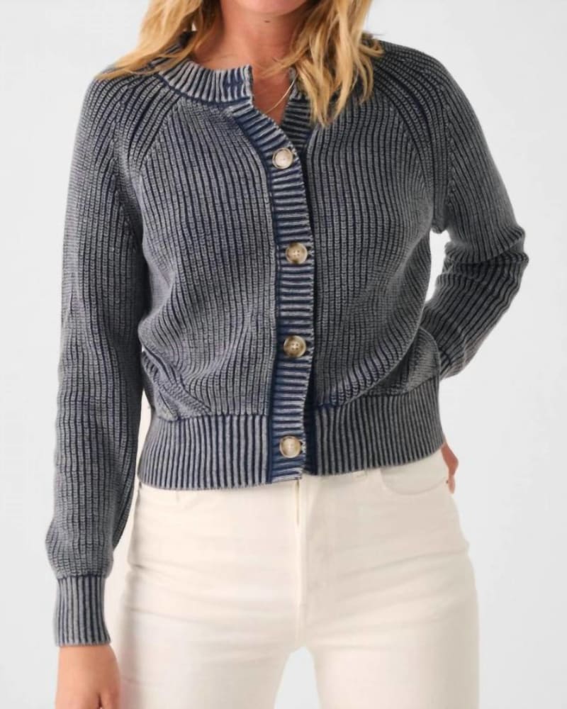 Front of a model wearing a size Large Sunwashed Fisherman Cardigan in Navy in Navy by Faherty. | dia_product_style_image_id:343667